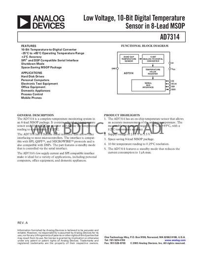 Analog Devices AD7314 Datasheet - cover page