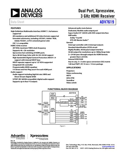 Analog Devices ADV7619 HDMI Receiver Datasheet - cover page