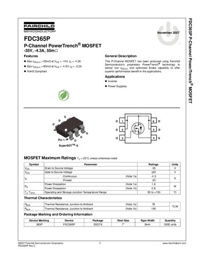 Fairchild FDC365P P-Channel MOSFET Datasheet - cover page