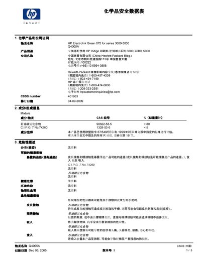 HP ElectroInk Green 072 for series 3000-5000 Chemical Safety Data Sheet - cover page