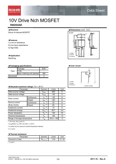 ROHM R6020ANZ Data Sheet - cover page