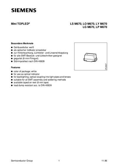 Siemens Mini TOPLED LS M670/LO M670/LY M670/LG M670/LP M670 Datasheet - cover page