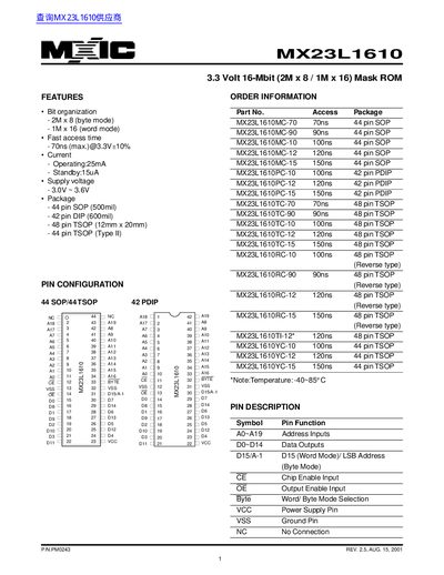Macronix MX23L1610 Mask ROM Datasheet - cover page