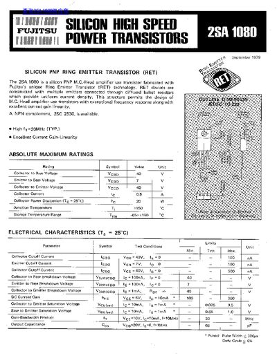 Fujitsu 2SA1080 Transistor Datasheet - cover page