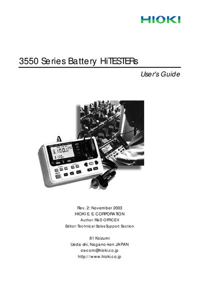 Hioki 3550 Series Battery HiTESTER User Manual