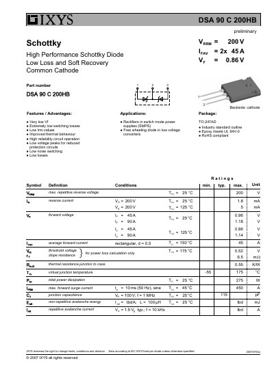 IXYS DSA 90 C 200HB Schottky Diode Preliminary Data Sheet - cover page