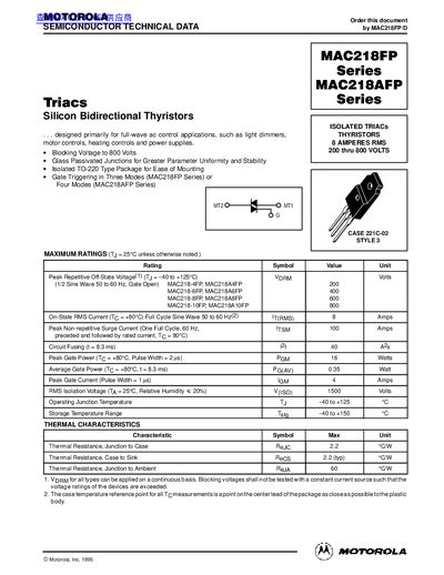 Motorola MAC218FP/MAC218AFP Series Triac Datasheet - cover page