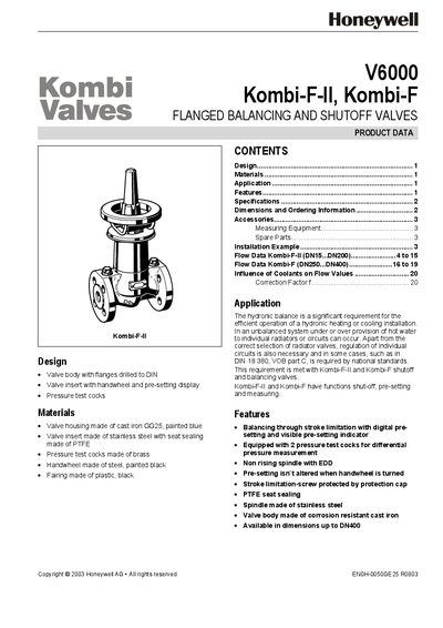 Honeywell V6000 Kombi-F Flanged Balancing and Shutoff Valves Manual - cover page