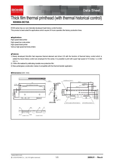 ROHM KD3004-DC72A Thick Film Thermal Printhead Data Sheet - cover page