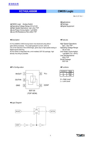 Torex XC74UL4066M CMOS Logic Analog Switch Manual - cover page