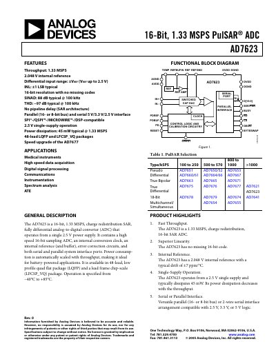 Analog Devices AD7623 16‑Bit ADC Datasheet Rev 0