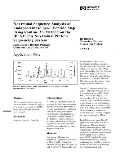 HP G1005A N-terminal Protein Sequencing System Application Note AN 96-1 - cover page