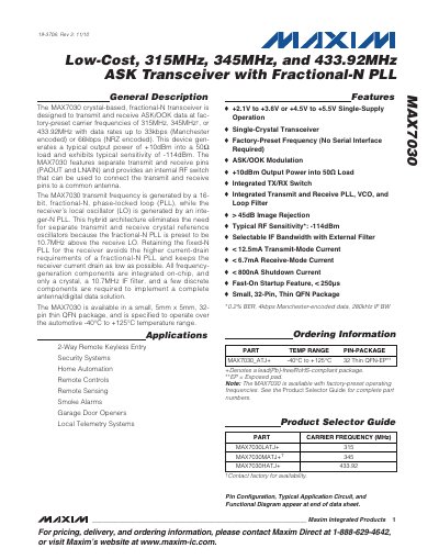 Maxim MAX7030 ASK Transceiver Datasheet