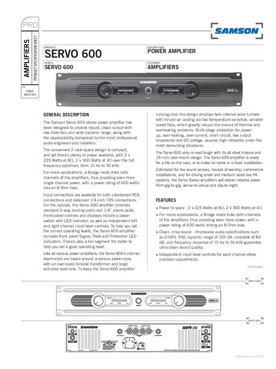 Samson Servo 600 Power Amplifier Specification Sheet - cover page