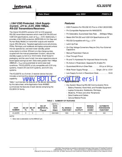 Intersil ICL3237E Datasheet - cover page
