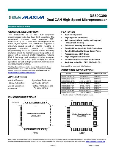 Maxim DS80C390 Dual CAN High-Speed Microprocessor Datasheet - cover page