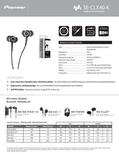 Pioneer SE-CLX40-K Earbud Headphones Product Leaflet - cover page