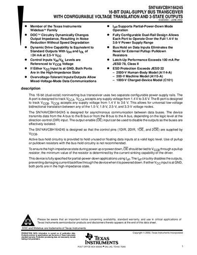 TEXAS INSTRUMENTS SN74AVCBH164245 16-BIT DUAL-SUPPLY BUS TRANSCEIVER WITH CONFIGURABLE VOLTAGE TRANSLATION AND 3-STATE OUTPUTS Manual - cover page