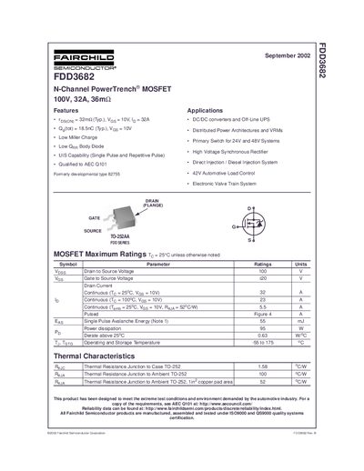 Fairchild Semiconductor FDD3682 N-Channel MOSFET Datasheet - cover page