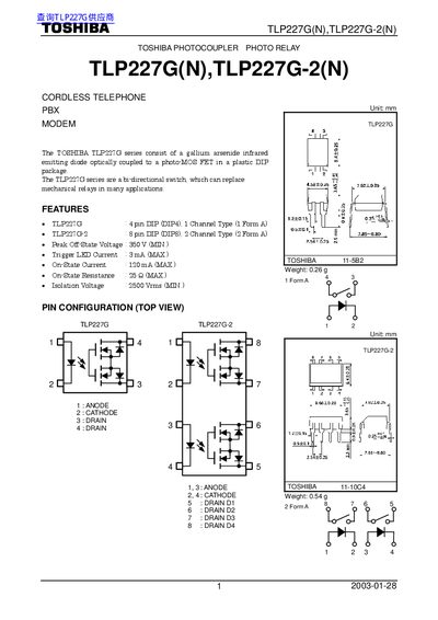 Toshiba TLP227G(N) / TLP227G-2(N) Optocoupler Datasheet - cover page