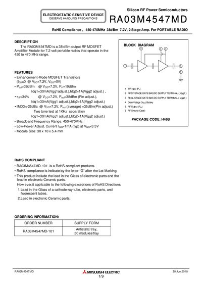 Mitsubishi Electric RA03M4547MD RF Power MOSFET Amplifier Module Datasheet - cover page