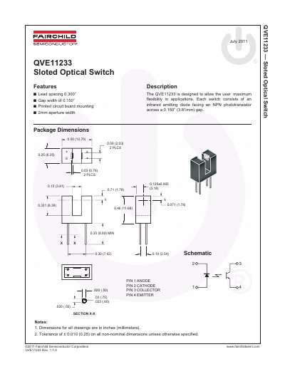 Fairchild Semiconductor QVE11233 Sloted Optical Switch Datasheet - cover page