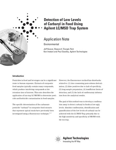 Detection of Low Levels of Carbaryl in Food Using Agilent LC/MSD Trap System Application Note - cover page