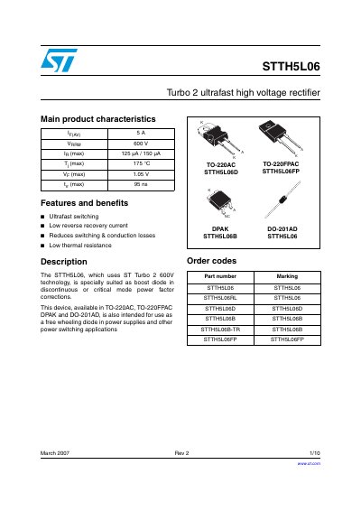 STMicroelectronics STTH5L06 Turbo 2 Ultrafast High Voltage Rectifier Datasheet