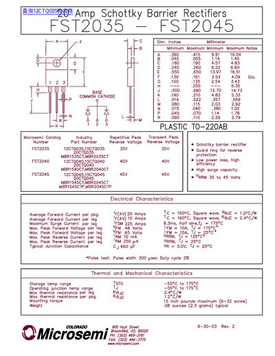 Microsemi FST2035/FST2045 Schottky Barrier Rectifiers Datasheet - cover page