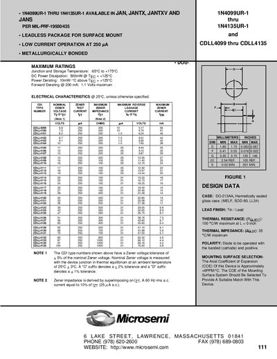 Microsemi 1N4099UR-1 thru 1N4135UR-1 CDLL4099 thru CDLL4135 - cover page