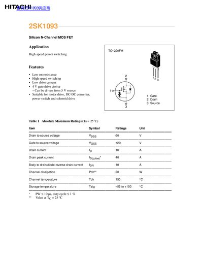 Hitachi 2SK1093 MOSFET Datasheet - cover page