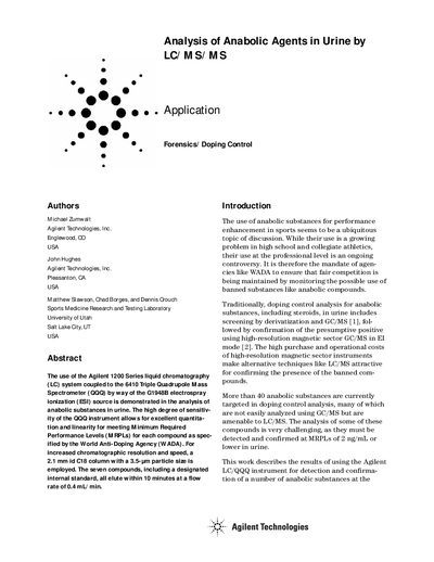 Agilent 1200 Series Analysis of Anabolic Agents in Urine by LC/MS/MS - cover page