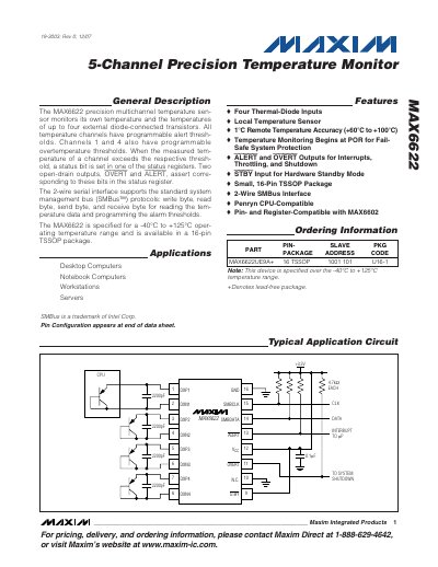 Maxim MAX6622 5‑Channel Precision Temperature Monitor Datasheet - cover page