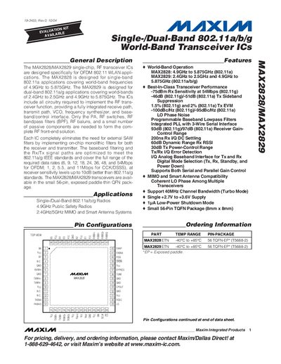 Maxim MAX2828/MAX2829 Single-/Dual-Band 802.11a/b/g World-Band Transceiver ICs Datasheet - cover page