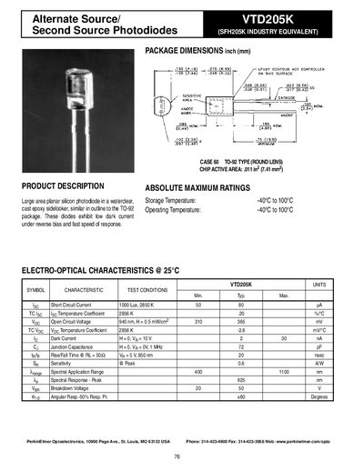 PerkinElmer VTD205K Photodiode Datasheet - cover page