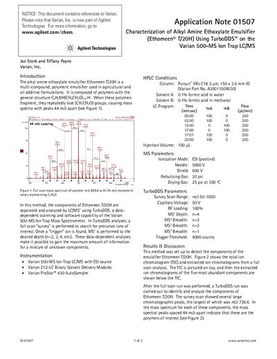 Agilent 500-MS Ion Trap LC/MS Application Note for Ethomeen T/20H Characterization - cover page