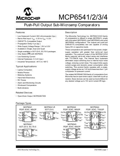 Microchip MCP6541/2/3/4 Datasheet - cover page