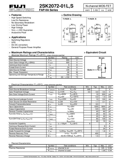 Collmer Semiconductor 2SK2072-01L MOSFET Datasheet - cover page