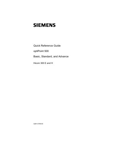 Siemens optiPoint 500 Basic, Standard, Advance, Hicom 300 E/H Quick Reference Guide