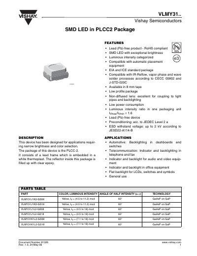 Vishay VLMY31 SMD LED Datasheet - cover page