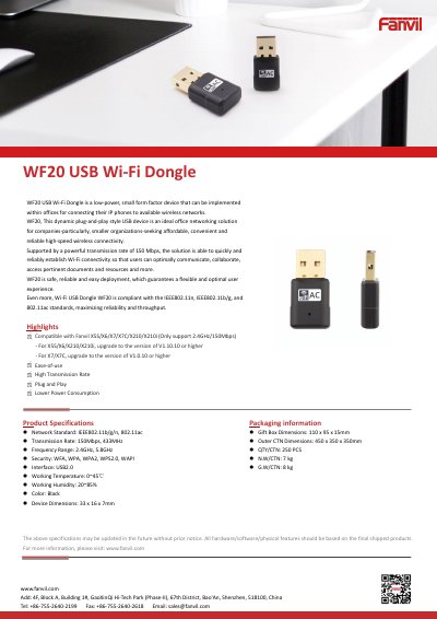 Fanvil WF20 USB Wi-Fi Dongle Product Specifications - cover page