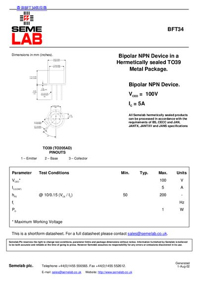 Semelab BFT34 Bipolar NPN Device Datasheet - cover page
