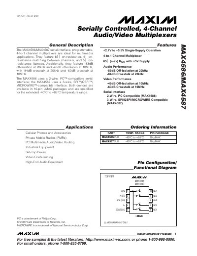 Maxim MAX4586/MAX4587 4‑Channel Audio/Video Multiplexer Datasheet - cover page