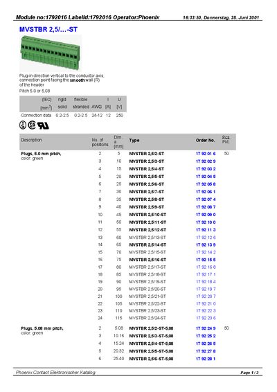 PHOENIX CONTACT Module no:1792016 LabelId:1792016 Operator:Phoenix MVSTBR 2 5/ -ST handbook - cover page