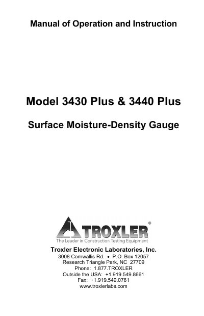 Troxler Model 3430 Plus and 3440 Plus Surface Moisture-Density Gauge Manual of Operation and Instruction - cover page