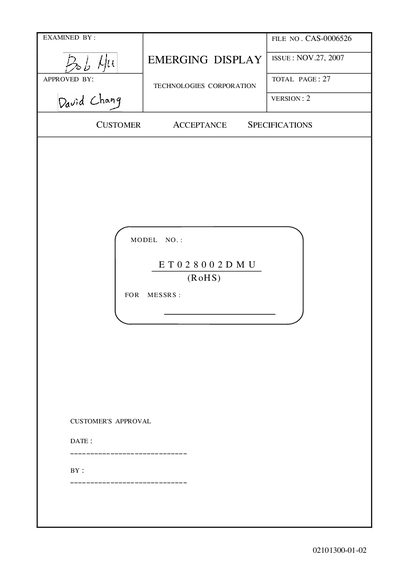 Emerging Display ET028002DMU Customer Acceptance Specification - cover page