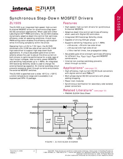 Intersil ZL1505 MOSFET Driver Datasheet - cover page