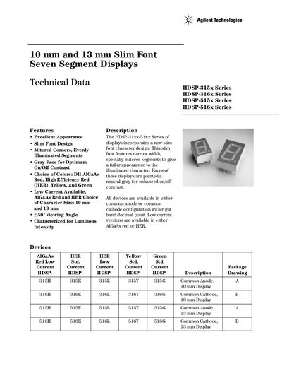 Agilent HDSP-315x Series/HDSP-316x Series/HDSP-515x Series/HDSP-516x Series Technical Data - cover page