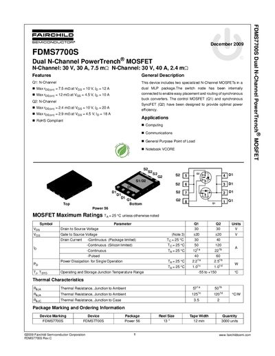 Fairchild FDMS7700S Dual N-Channel PowerTrench MOSFET Datasheet - cover page