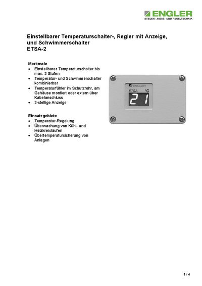 Engler ETSA-2 Temperature Switch and Controller Technology Data - cover page